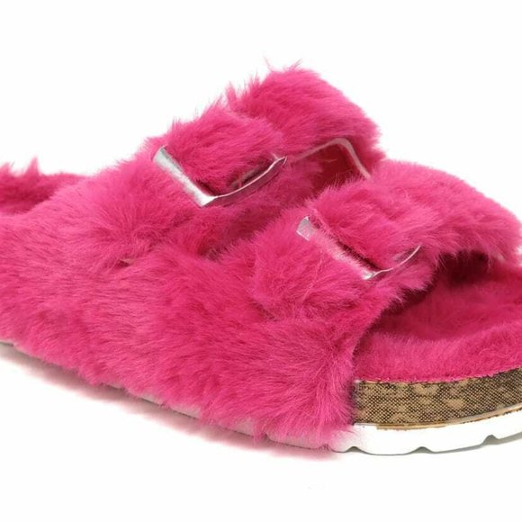 Womens Slippers Double Strap Faux Fur Slippers Double Buckle Open Toe Sandals - Picture 3 of 8